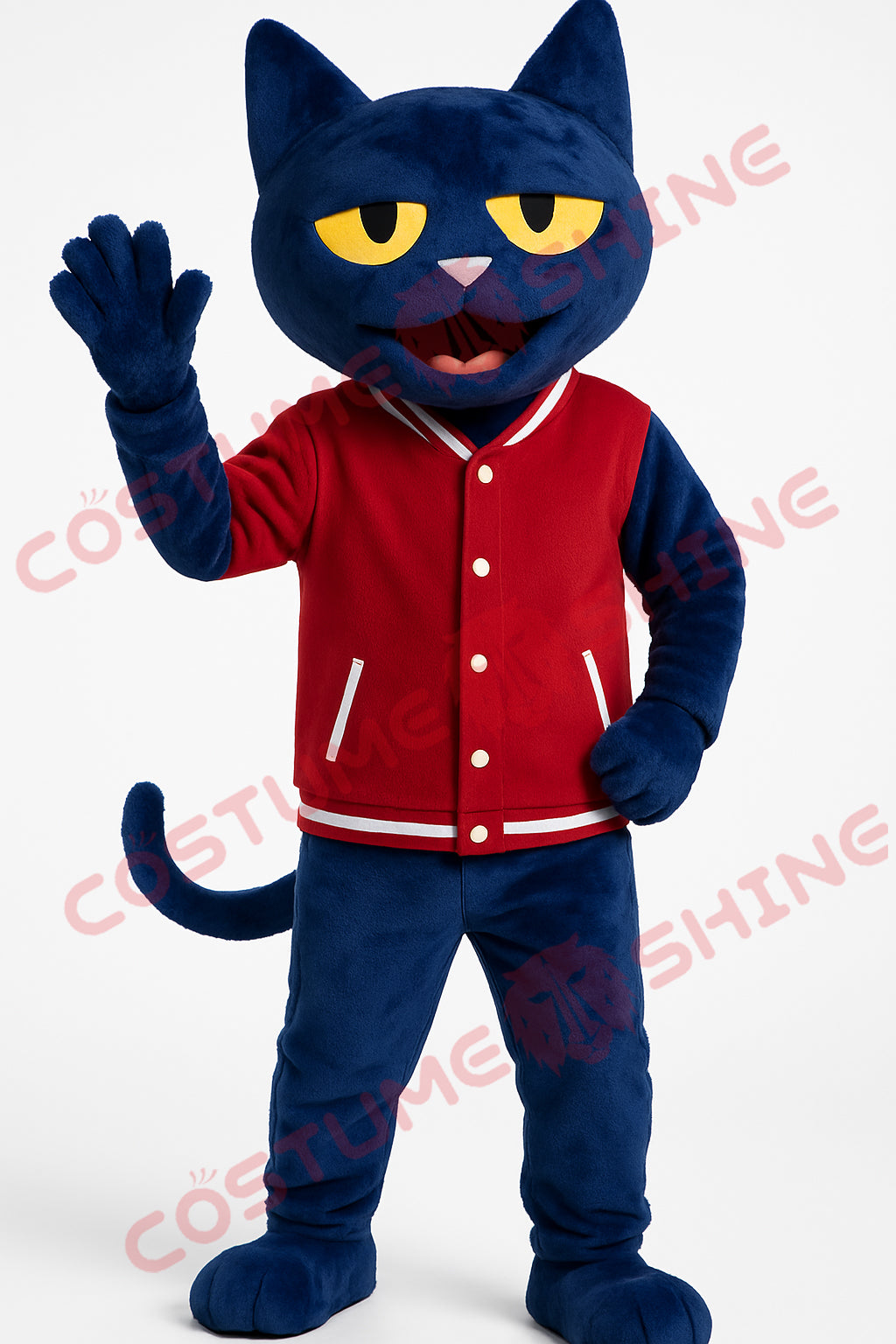 Blue Cat Mascot Costume with Red Varsity Jacket for Events & Schools
