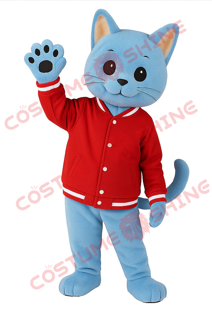 Blue Cat Mascot Costume with Red Jacket – School & Event Character Suit