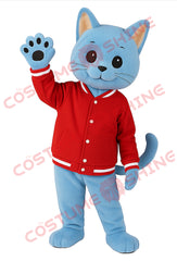 Blue Cat Mascot Costume with Red Jacket – School & Event Character Suit