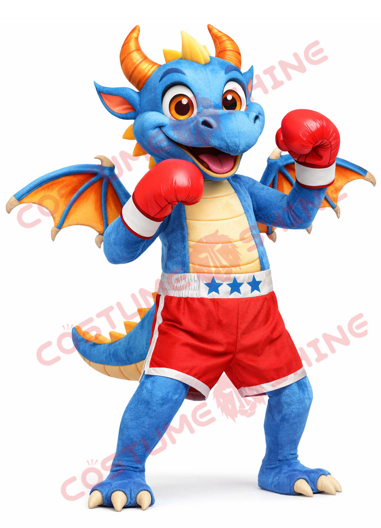 Blue Dragon Mascot Costume Adult Boxing Sports Style
