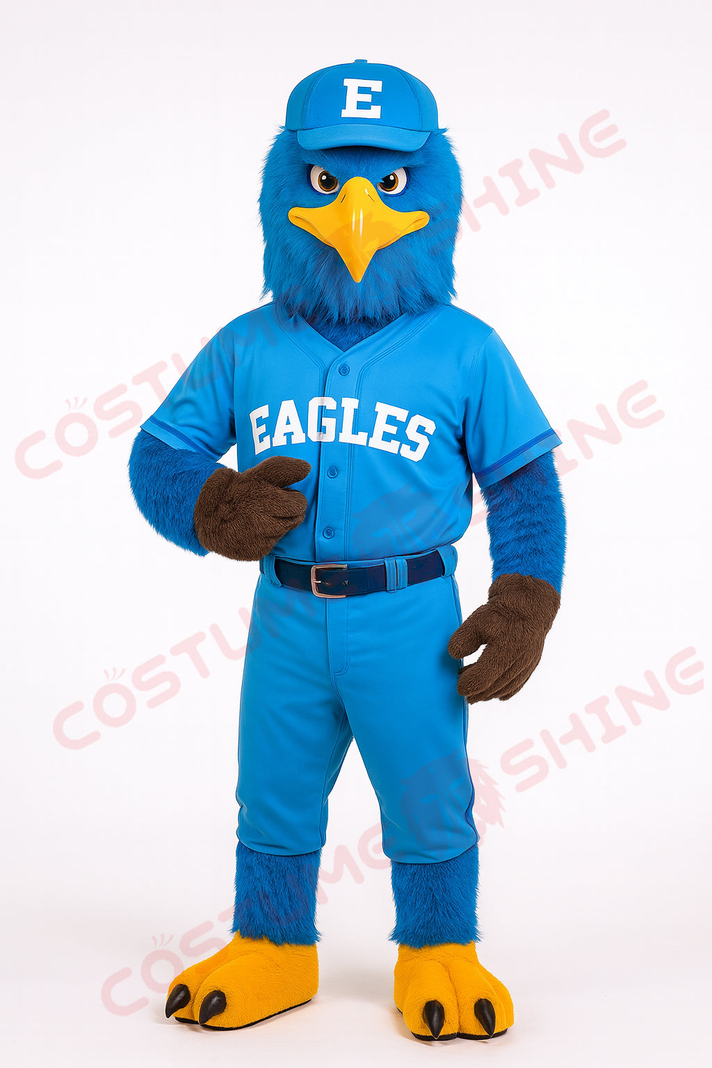 Blue Eagle Mascot Costume with Baseball Uniform – Custom Sports Team Bird Mascot Suit for Adults