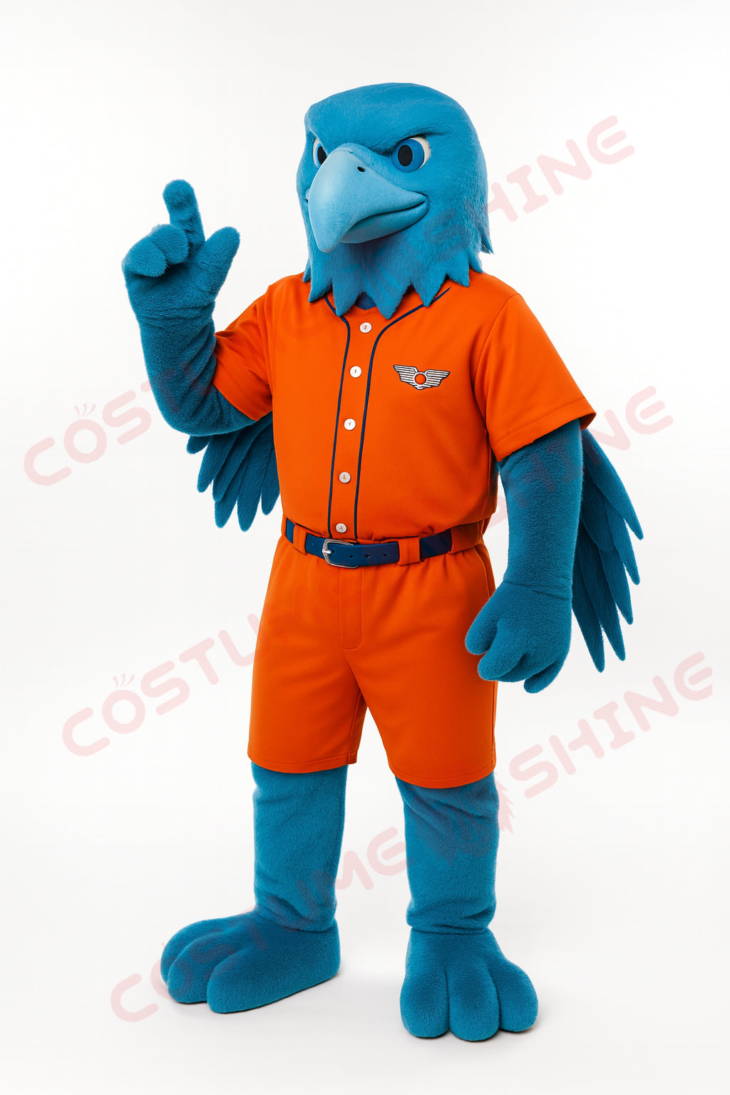 Blue Eagle Mascot Costume with Orange Baseball Uniform – Custom Bird Mascot Suit for School Sports Teams