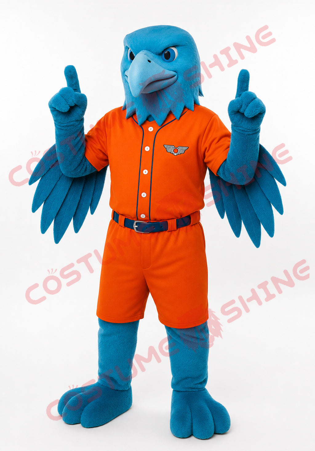 Blue Eagle Mascot Costume with Orange Baseball Uniform – Custom Bird Mascot Suit for School Sports Teams