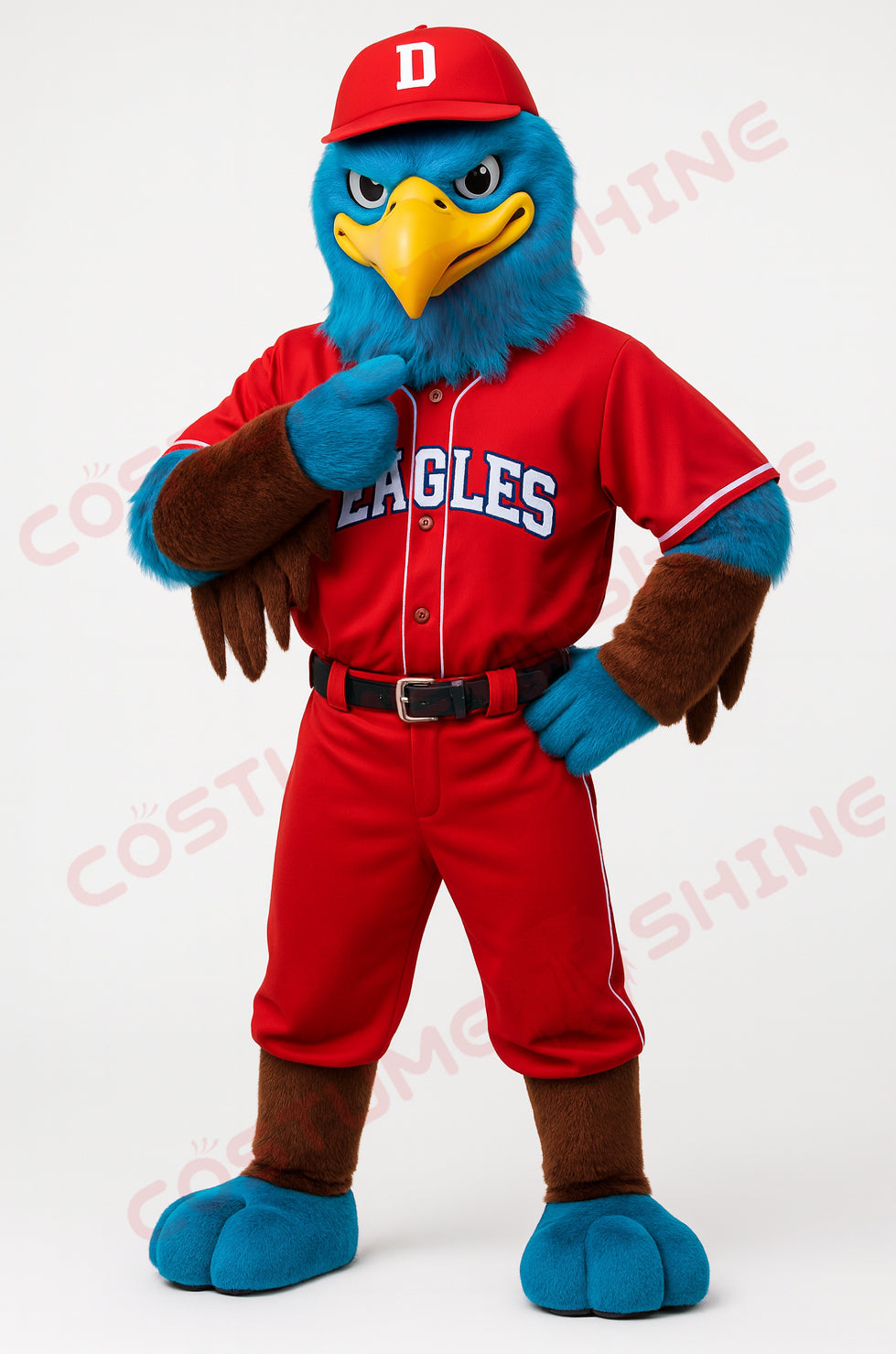 Blue Eagle Mascot Costume in Red Baseball Uniform | Custom Bird Mascot Suit for Schools and Sports Teams