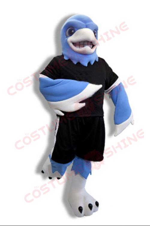 Blue Falcon Mascot Costume in Black Sports Outfit with White Beak – School, Team & Event Wear