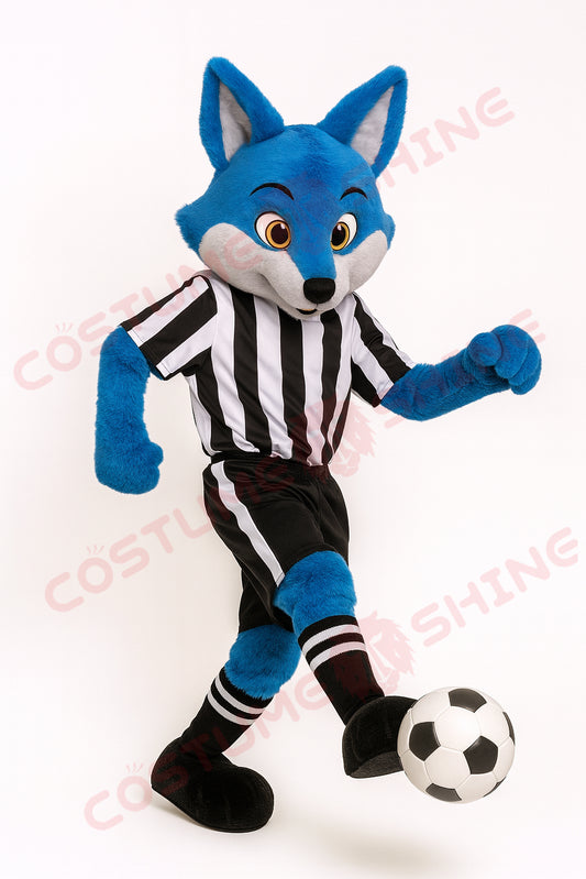 Blue Fox Mascot Costume in Soccer Uniform – Custom Plush Animal Suit for Events & Teams