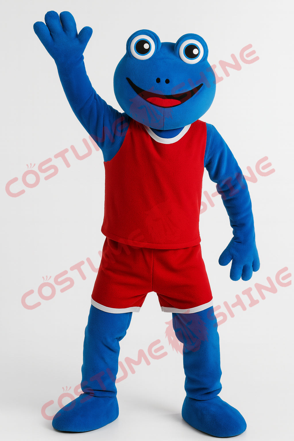 Blue Frog Mascot Costume in Red Basketball Uniform for Adults