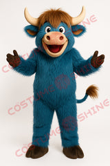 Blue Furry Bull Mascot Costume – Cute Animal Suit for School Events & Team Spirit