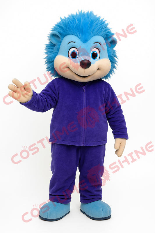 Blue Hedgehog Mascot Costume with Purple Outfit for School Events