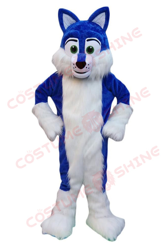 Blue Husky Wolf Mascot Costume with White Fur and Green Eyes – School, Sports & Event Wear