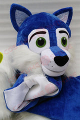 Blue Husky Wolf Mascot Costume with White Fur and Green Eyes – School, Sports & Event Wear