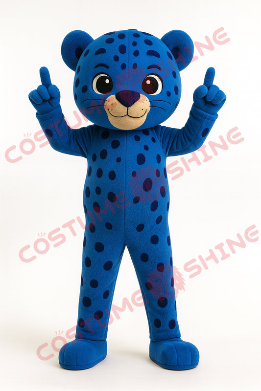 Blue Jaguar Mascot Costume – Plush Adult Animal Suit with Pointing Pose