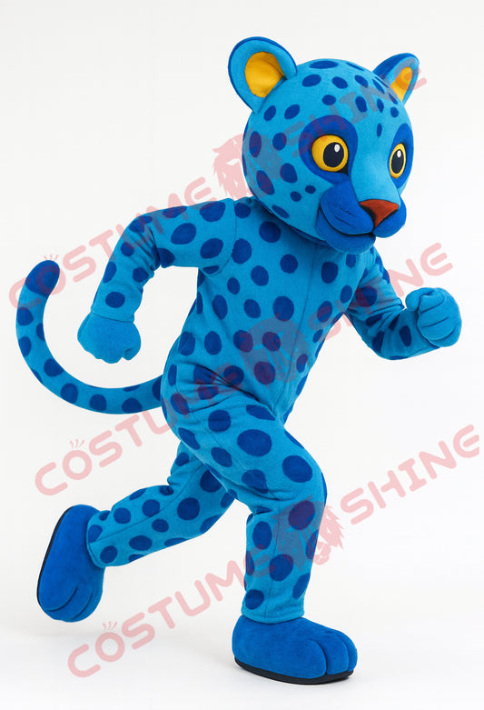 Blue Jaguar Mascot Costume – Running Pose Plush Animal Suit for Events