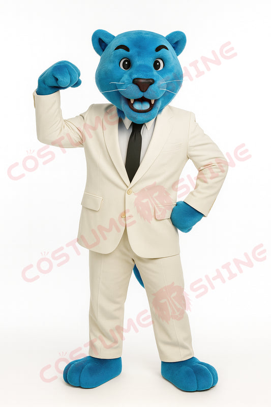 Blue Leopard Mascot Costume with White Suit – Custom Animal Mascot Outfit for School, Event & Business Promotion