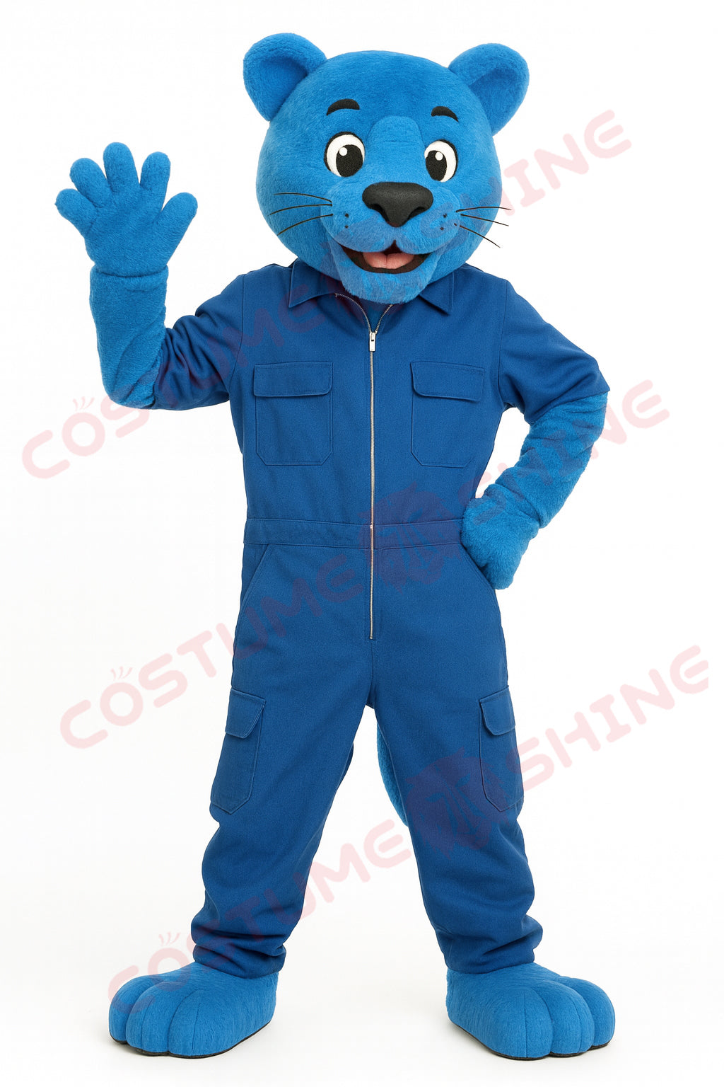 Blue Panther Mascot Costume – Custom Handmade Plush Suit with Blue Jumpsuit for School Teams & Events