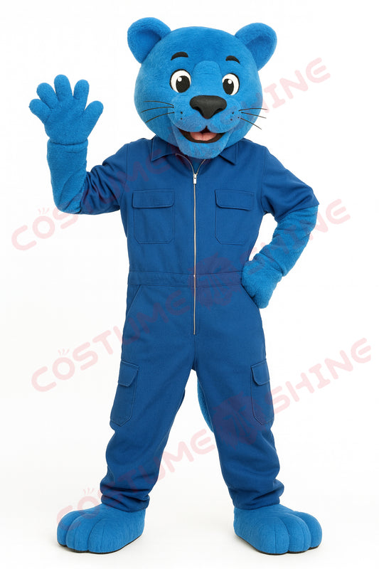 Blue Panther Mascot Costume – Custom Handmade Plush Suit with Blue Jumpsuit for School Teams & Events