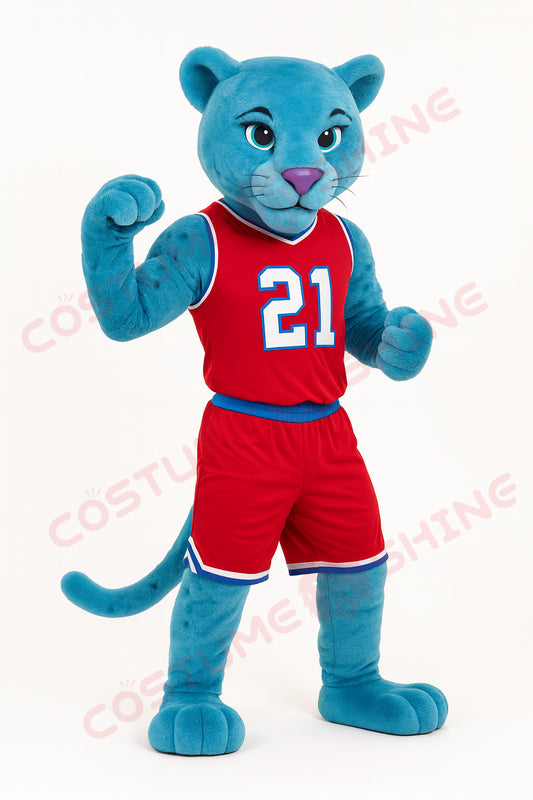 Blue Panther Mascot Costume with Red Basketball Uniform – Custom Team Sports Mascot for Schools and Events