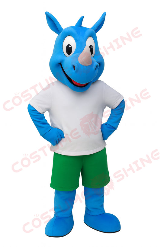 Blue Rhino Mascot Costume with White Shirt and Green Shorts – Custom Plush Suit for School Sports Teams & Events