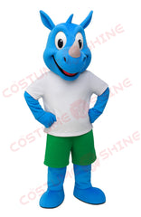 Blue Rhino Mascot Costume with White Shirt and Green Shorts – Custom Plush Suit for School Sports Teams & Events