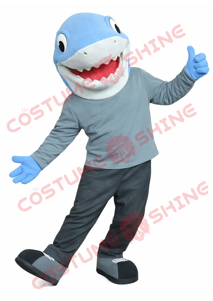 Blue Shark Mascot Costume Adult with Casual Gray Outfit
