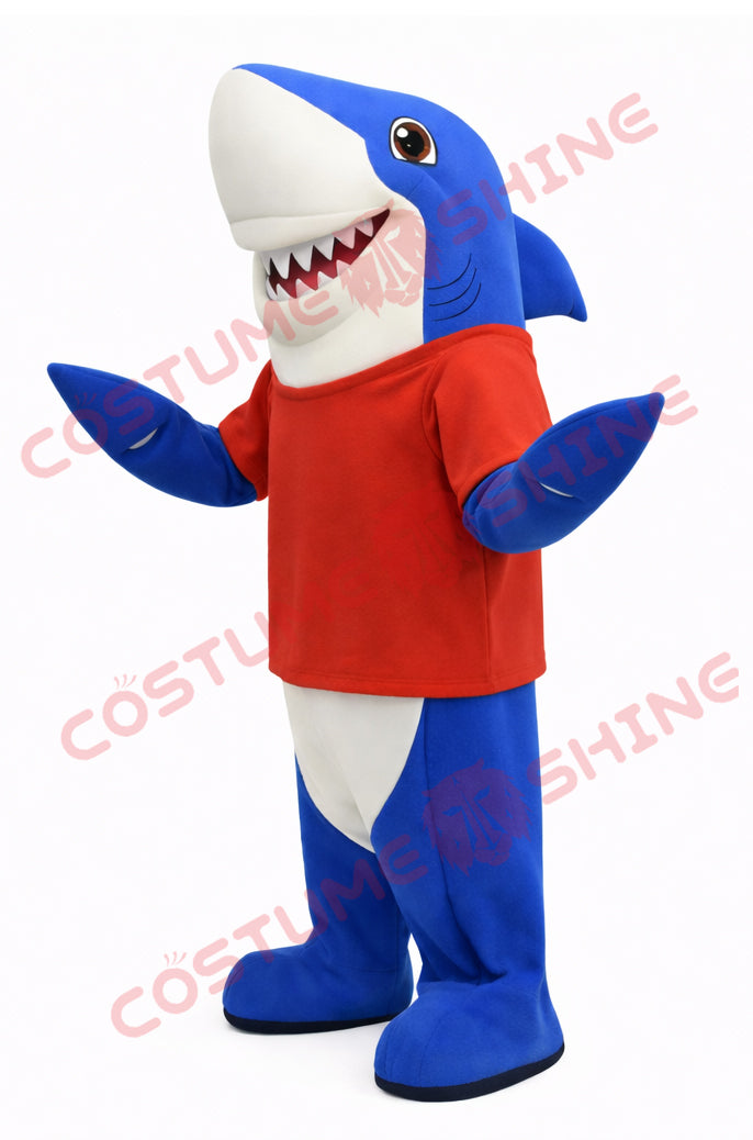 Blue Shark Mascot Costume Adult with Red Shirt Outfit