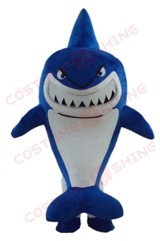Blue Shark Mascot Costume with White Belly & Sharp Teeth