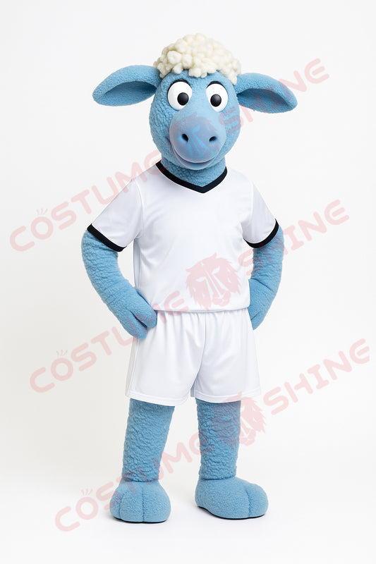 Blue Sheep Mascot Costume in White Soccer Uniform – Custom Sports Plush Suit
