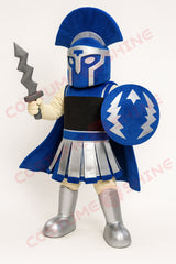Blue and Silver Warrior Mascot Costume with Shield and Sword – Custom School Team Plush Armor Suit