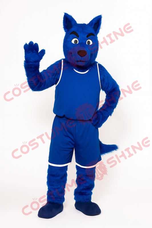 Blue Wolf Mascot Costume with Blue Sports Outfit – School & Team Events