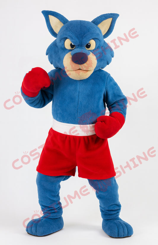 Blue Wolf Mascot Costume Boxer with Red Gloves – Adult Plush Suit
