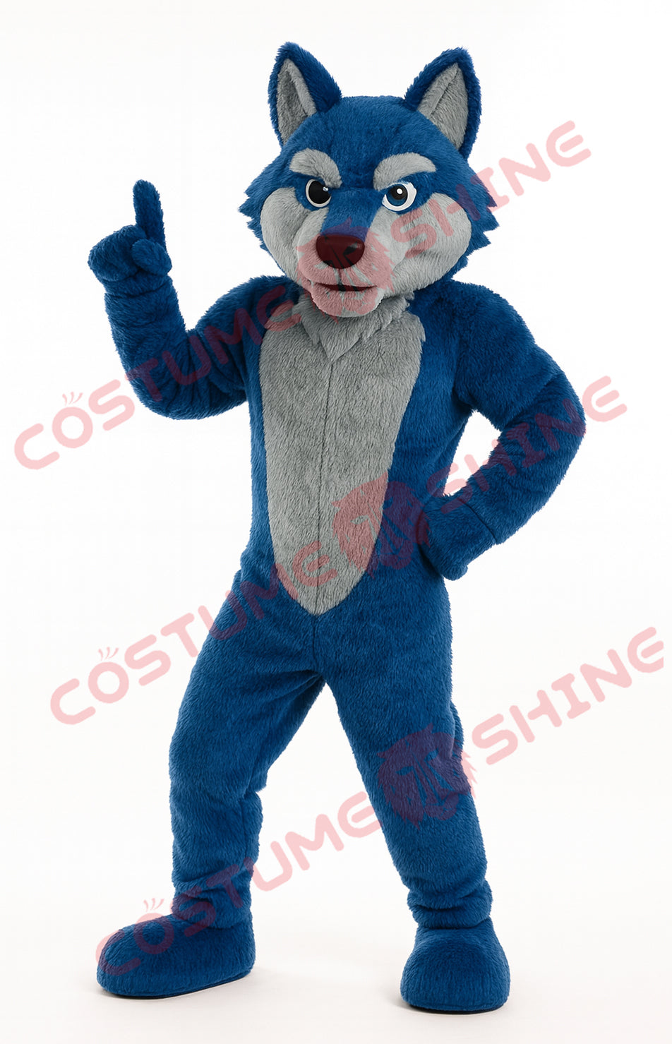 Blue Wolf Mascot Costume Pointing Up – Adult Plush Full-Body Suit