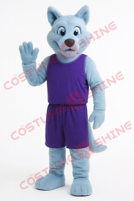 Light Blue Wolf Mascot Costume with Purple Sports Outfit for Teams