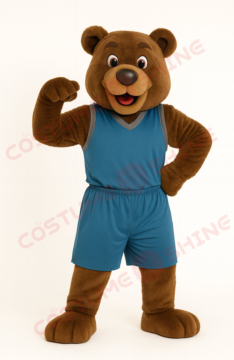 Brown Bear Mascot Costume with Blue Basketball Uniform – Custom Sports Team Mascot for Schools and Events