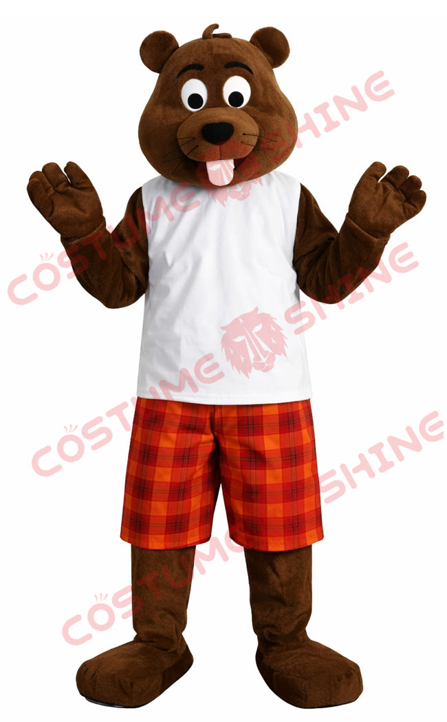 Brown Beaver Mascot Costume Adult White Tank Plaid Shorts Outfit