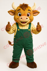 Brown Bull Mascot Costume with Green Overalls for School Events & Promotions