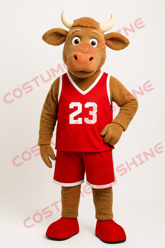 Brown Bull Mascot Costume in Red Basketball Uniform – Custom Plush Sports Suit