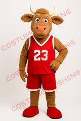 Brown Bull Mascot Costume in Red Basketball Uniform – Custom Plush Sports Suit