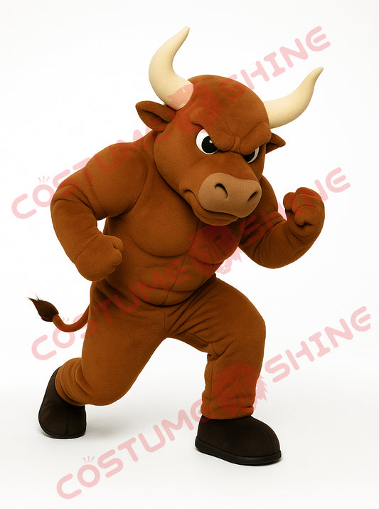 Brown Bull Mascot Costume in Fighting Pose