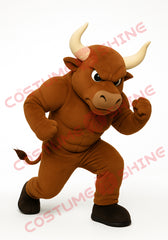 Brown Bull Mascot Costume Strong Animal Suit in Fighting Pose for Sports and Events