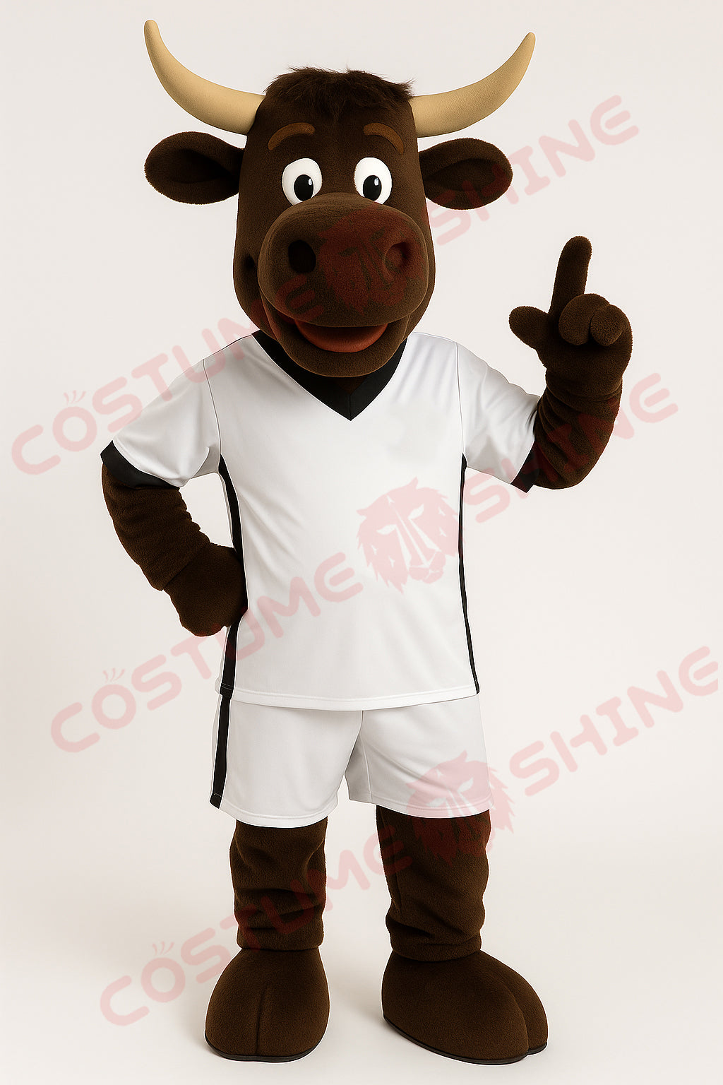 Brown Bull Mascot Costume in White Soccer Uniform – Custom Sports Plush Suit