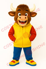 Brown Bull Mascot Costume in Yellow Hoodie for School & Events