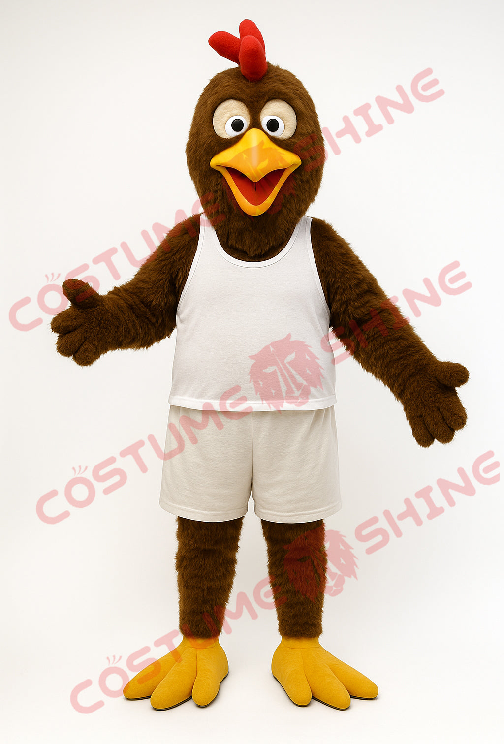 Brown Chicken Mascot Costume with White Vest – Funny Custom Rooster Plush Suit