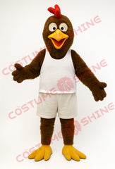 Brown Chicken Mascot Costume with White Vest – Funny Custom Rooster Plush Suit