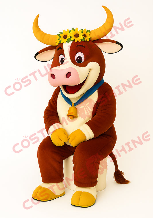 Brown Cow Mascot Costume with Sunflower Headpiece