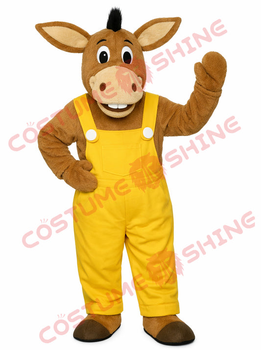 Brown Donkey Worker Mascot Costume for Adults Yellow Overalls Full Body Suit