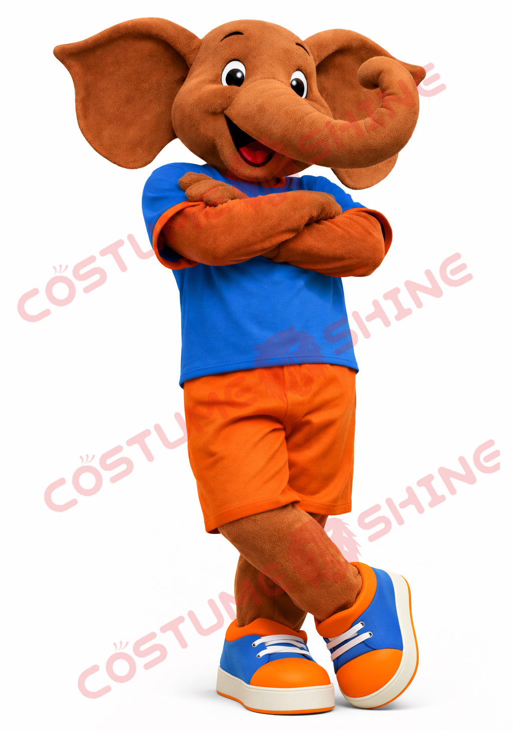 Cute Elephant Mascot Costume Adult with Blue Shirt & Orange Shorts