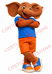 Cute Elephant Mascot Costume Adult with Blue Shirt & Orange Shorts