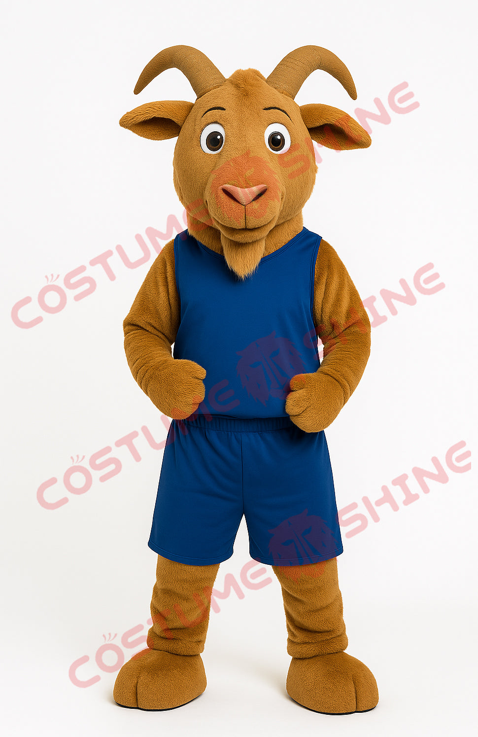 Brown Goat Mascot Costume in Blue Basketball Uniform – Custom Sports Plush Suit