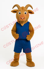 Brown Goat Mascot Costume in Blue Basketball Uniform – Custom Sports Plush Suit