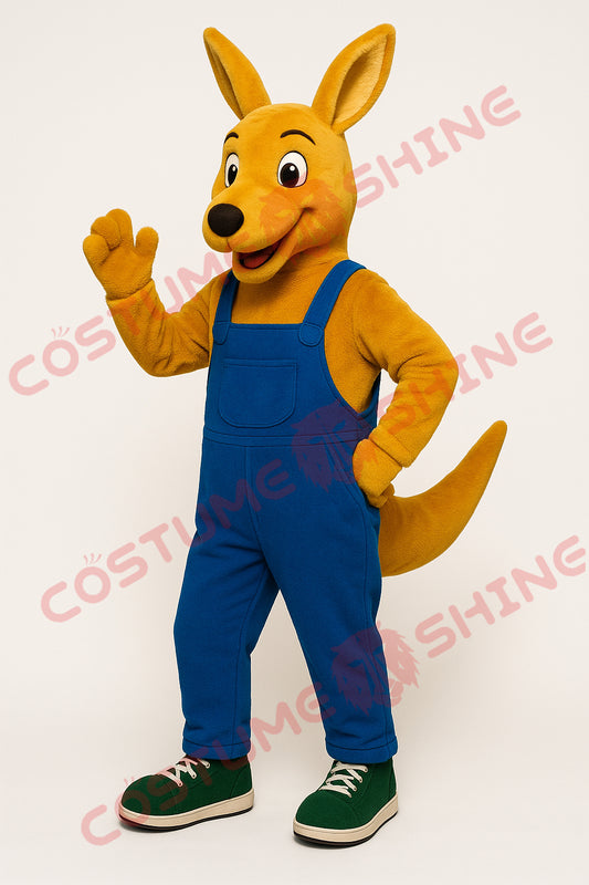 Brown Kangaroo Mascot Costume with Blue Overalls & Green Shoes